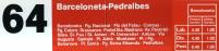 Etiqueta de la línea 64 en dirección Barceloneta - Pedralbes, año 1984